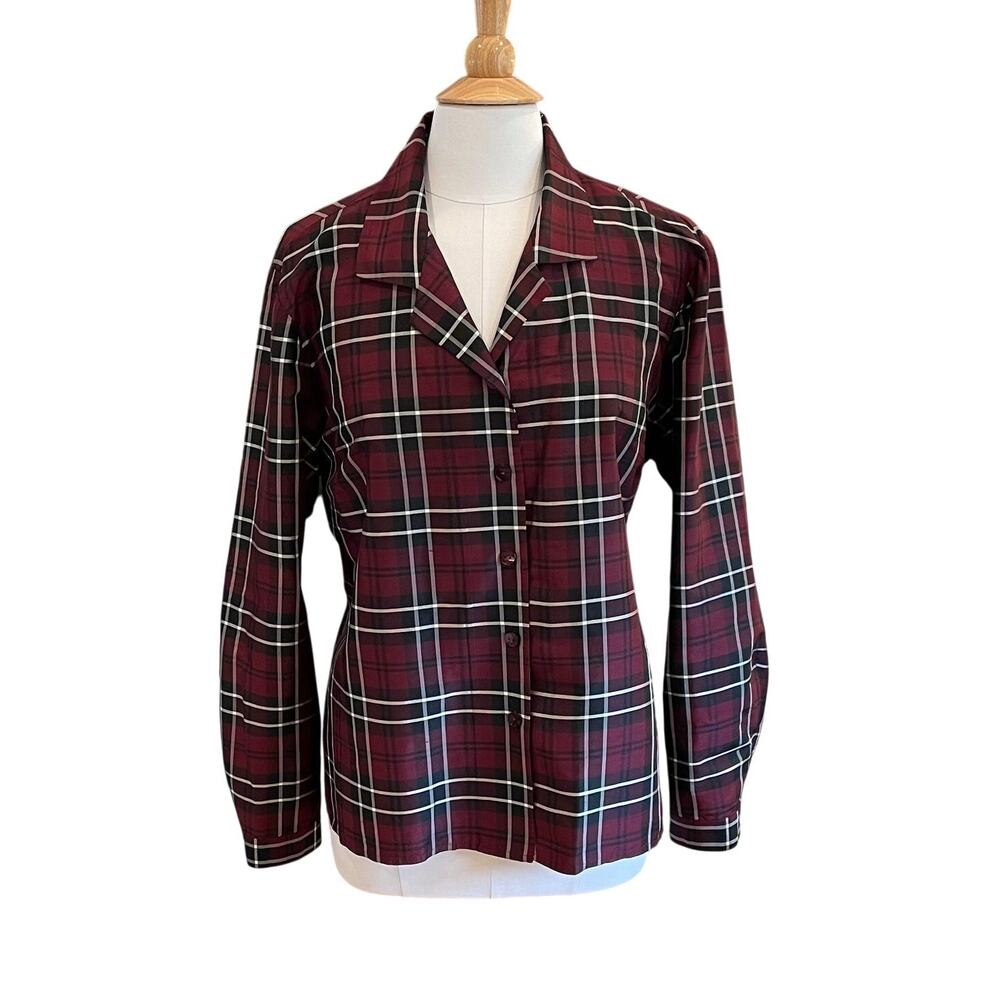 Vintage Rena Rowan Silk Burgundy Tartan Plaid Button Down Shirt, Academia, 18